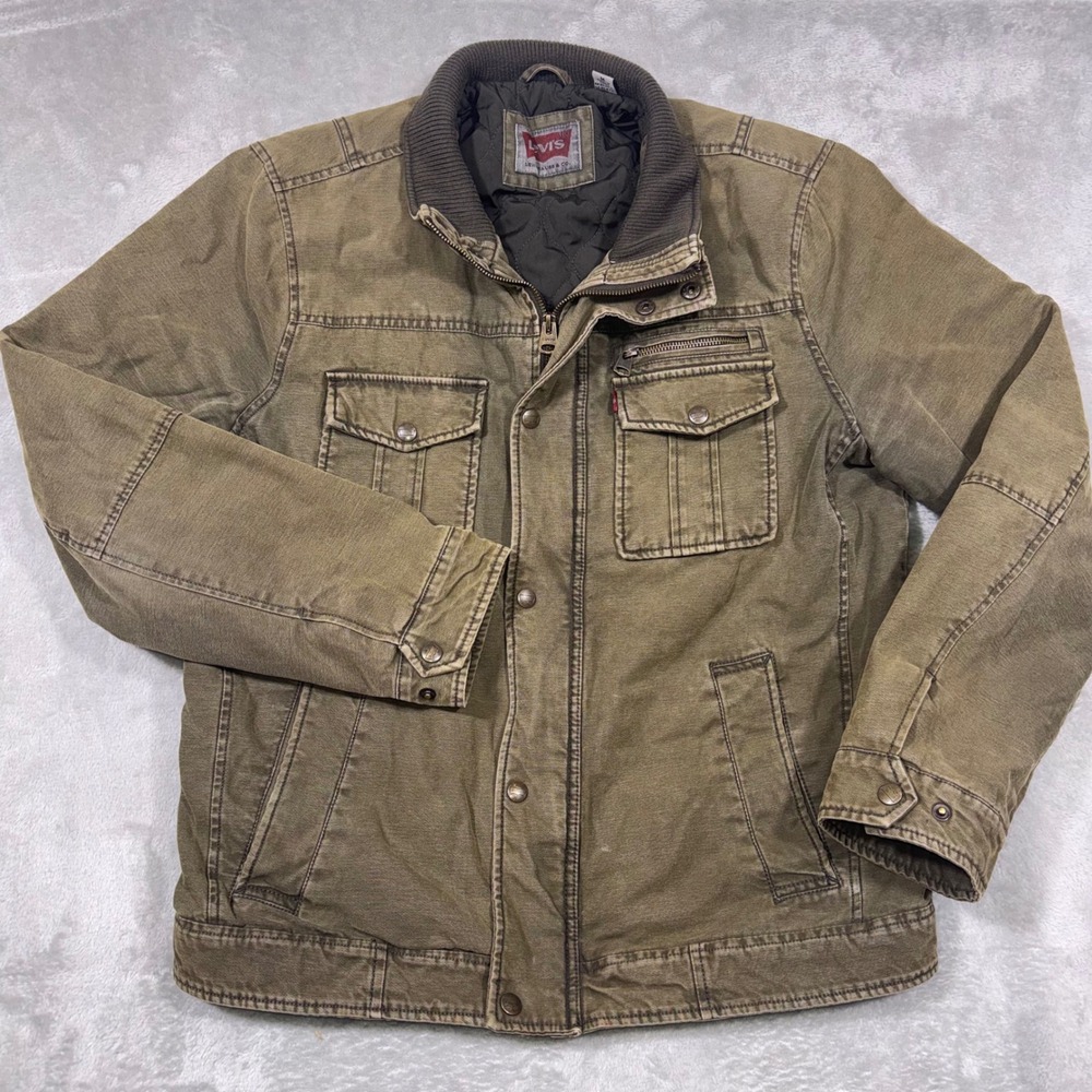 Levis Mens Canvas Utility Field Trucker Jacket Quilt Lined Olive Green Size M